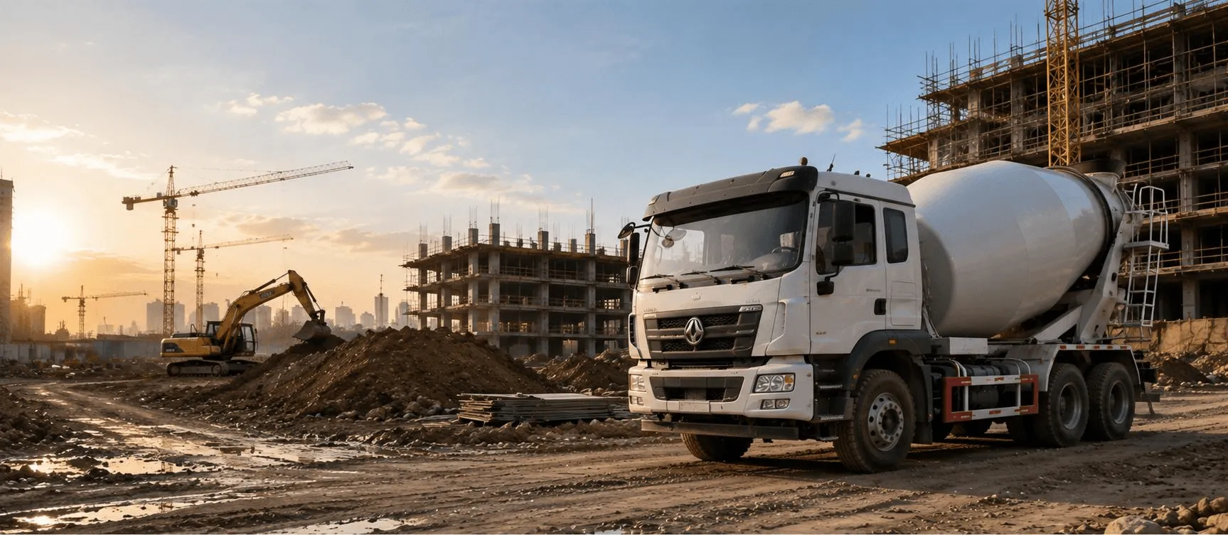 Tikinti sahəsində betonqarışdıran maşın və ekskavator